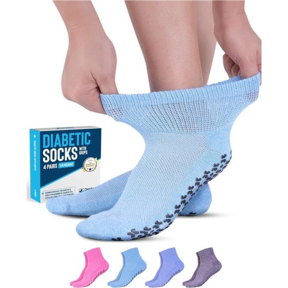 Diabetic Ankle Socks with Grippers for Men and Women - 4 Pair 1/4 Length Socks